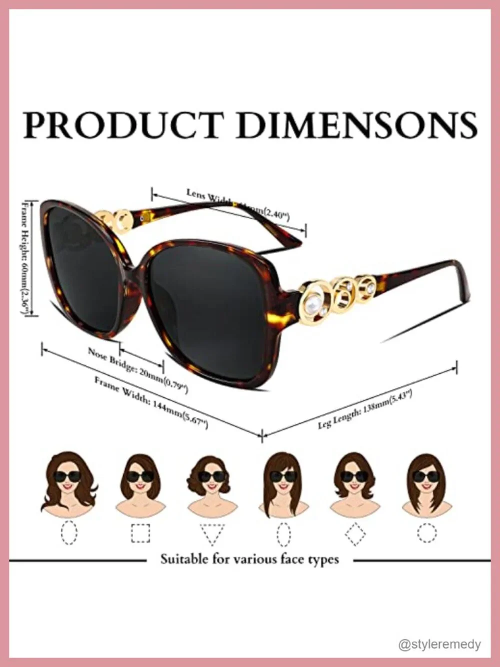 Oversized Square Sunglasses Polarized UV400 Protection for Women Pearl Crystal